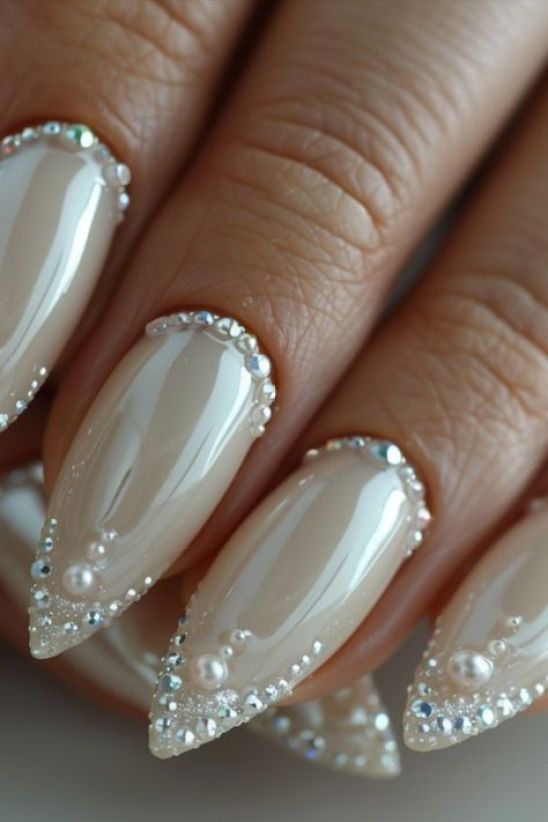 Classic White Bridal Nail Art with Pearls